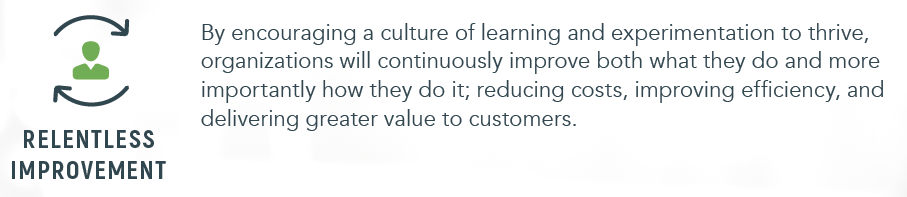 Relentless Improvement in agile organizations encourages a culture of learning and experimentation