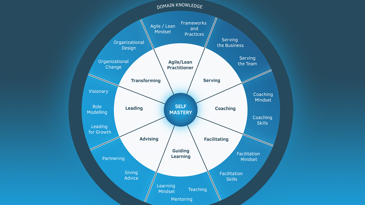 A blue graphic showing an assessment wheel for agile coaching skills and competencies