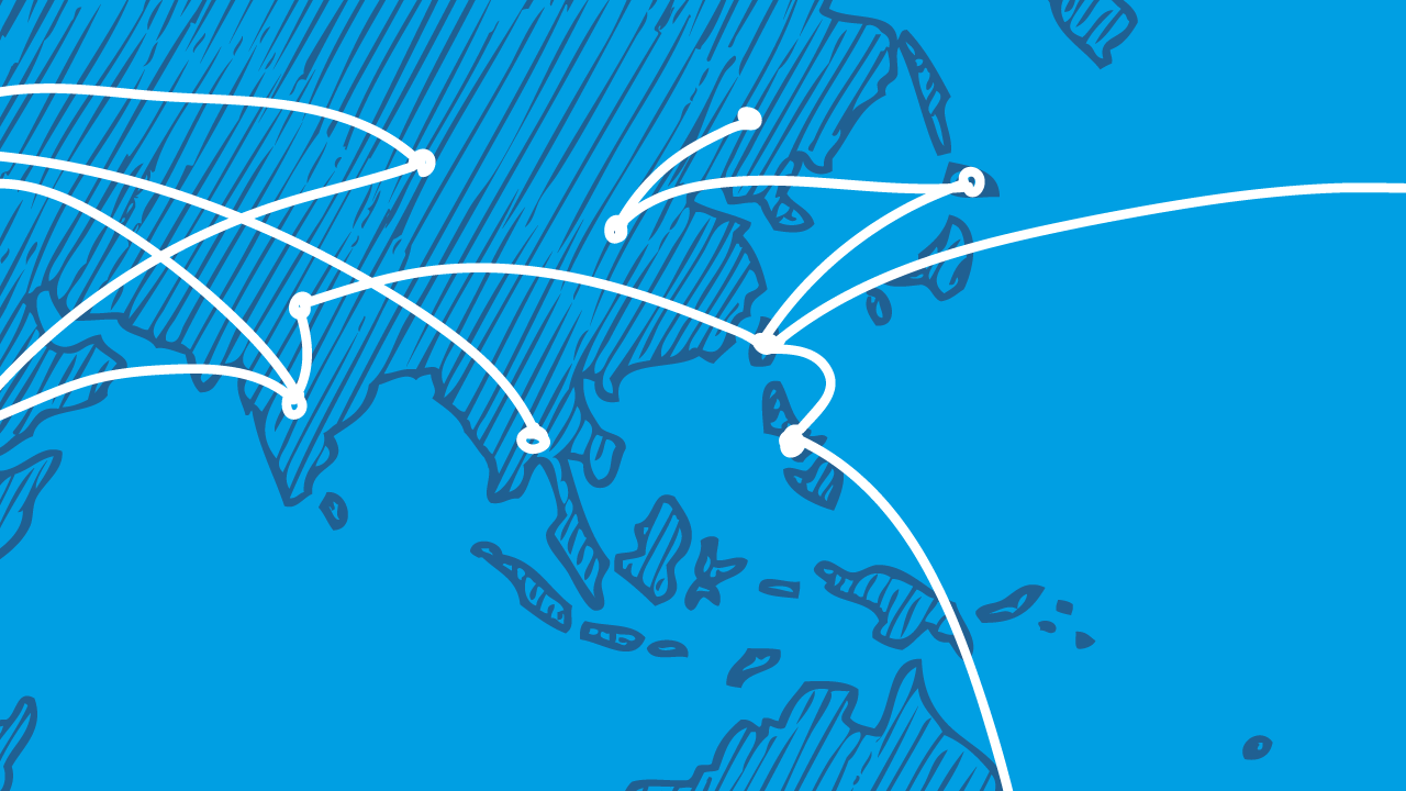 A blue graphic showing an illustration of the map of Taiwan with lines connecting different communities