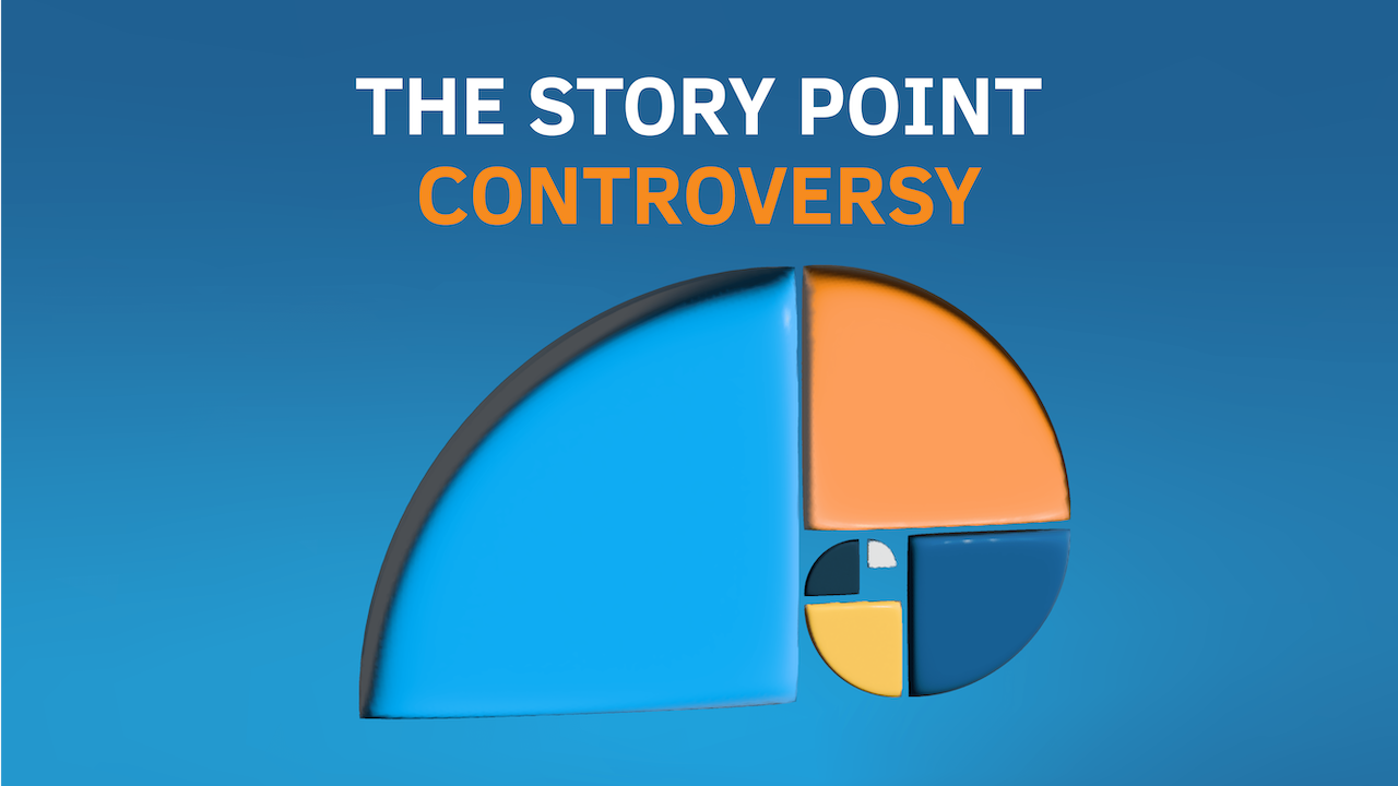 A blue abstract graphic showing the title "the story point controversy" 