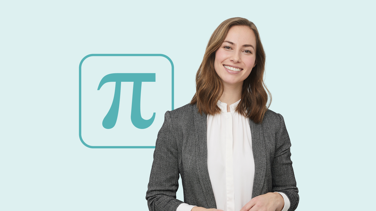 A woman in professional clothes is superimposed in front of a pi symbol