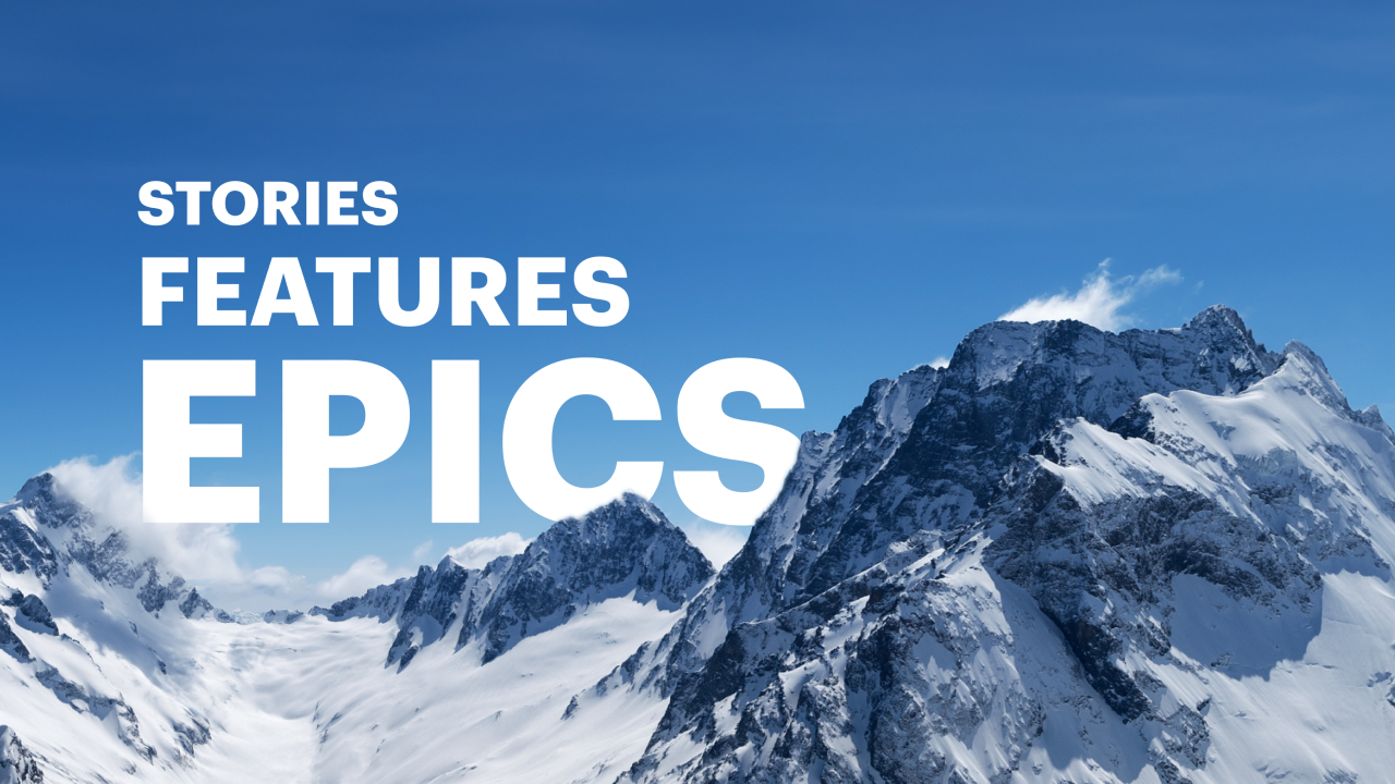 An illustratie graphic showing snowy mountain peaks with the words stories features and epics appearing in the sky