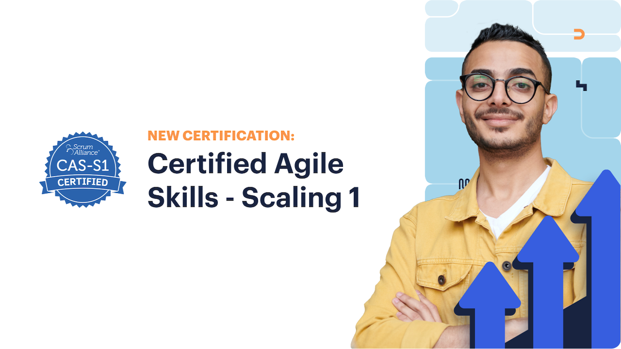 An illustration showing a young professional and announcing the Scrum Alliance scaling course