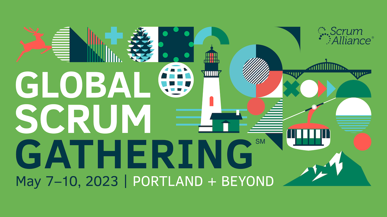 A green illustration showing Pacific Northwest icons to promote the Global Scrum Gathering 2023 Portland + Beyond
