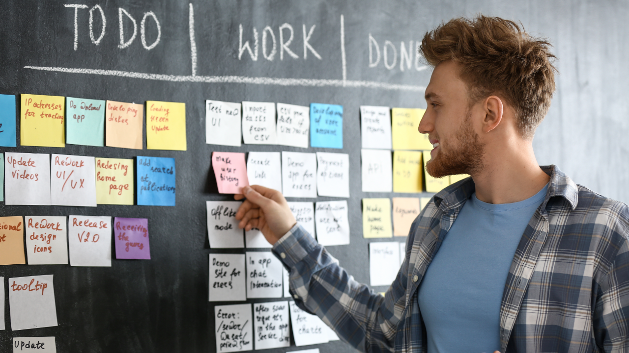 A man puts sticky notes on a work board showing to do, working, and done