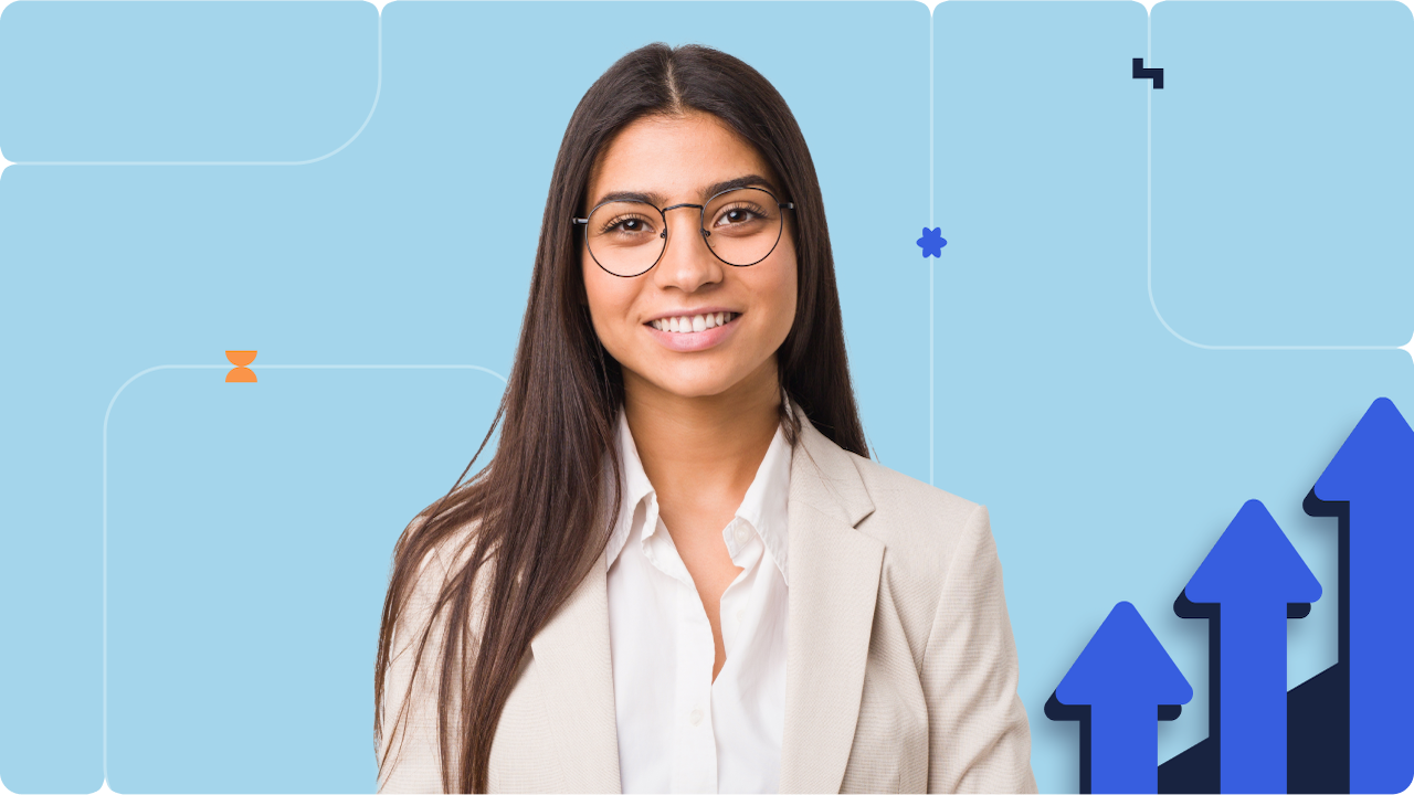 A professional portrait of a woman in front of a branded Scrum Alliance blue background