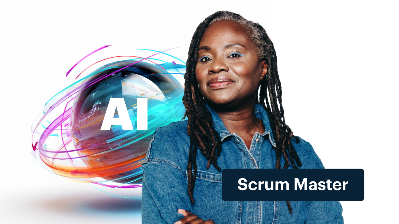A woman poses in front of an AI-themed background with the banner of Scrum Master