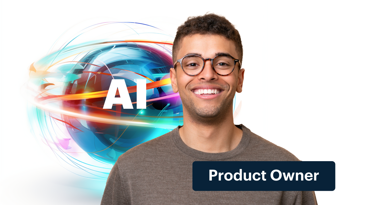 A man smiles in front of an AI concept background with a banner for Product Owner