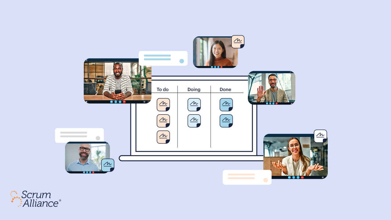 A graphic of a to do work board and people meeting virtually to discuss work
